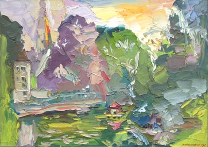 Paysage avec un étang.