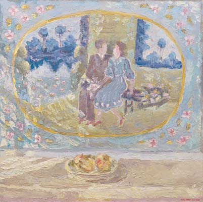 Pommes (sur un banc) sous le tableau populaire «Un couple amoureux ».