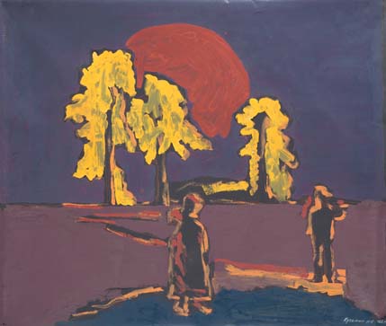 « Sur le chemin de Mourom se dressaient trois pins... ». Le soleil rouge au-dessus des pins jaunes.