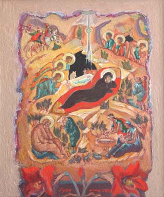 Icône de la Naissance du Christ et amaryllis.